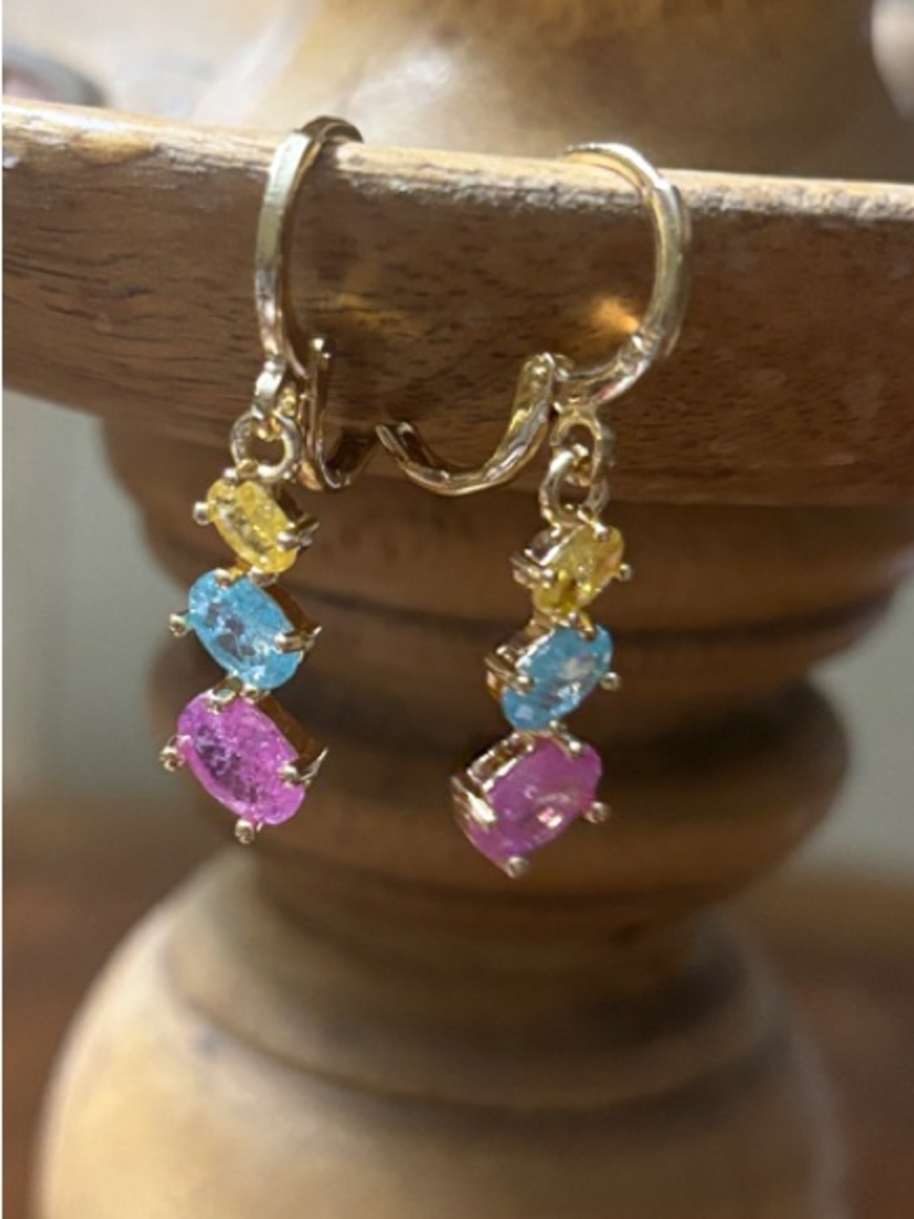 Gold-Tone “candy” Huggie Hoop Drop Earrings with Pink, Blue and Yellow Stones
